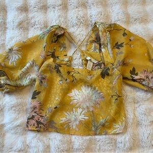 H&M Mustard Yellow Floral Puff-Sleeve Crop Top